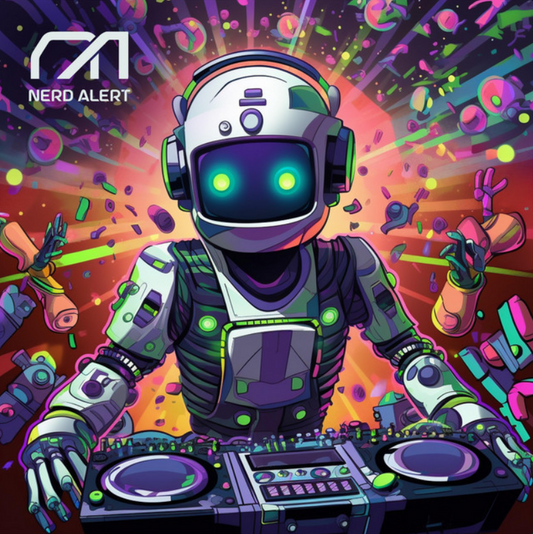 Nerd Alert's single artwork for "Fully Optimized" which depicts a cute cartoon robot disk jockey.