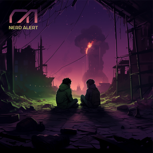 Nerd Alert's artwork for their single "Wastelands (Stay The Night)" depicting a young man and woman huddled on the ground together in a grim green and purple colored post-apocalyptic environment.