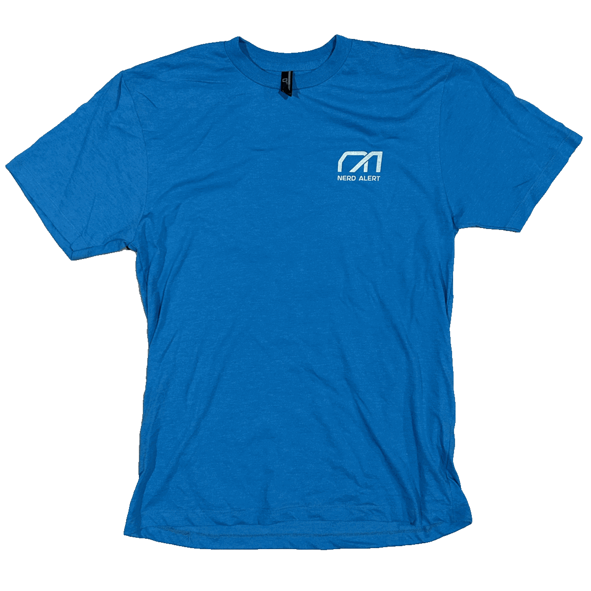A turquoise T-shirt with the Nerd Alert logo in white on the front, and two cartoon spacemen on the back.