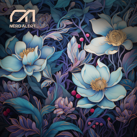 Nerd Alert's single artwork for "Hiraeth". It's a painting of the most beautiful blue flowers up close.