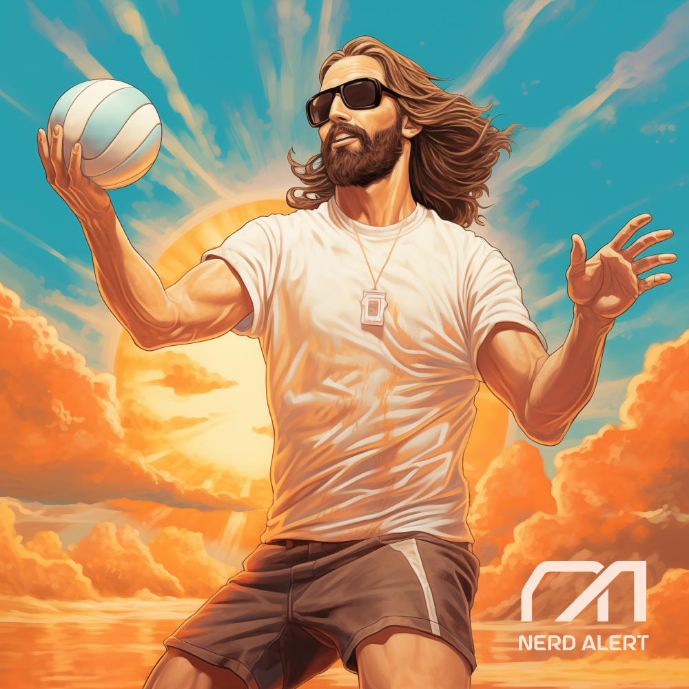 Nerd Alert's single artwork for "Summertime", depicting a strong man with long brown hair, a beard, and black sunglasses, holding a volleyball with a beautiful sun set behind him.