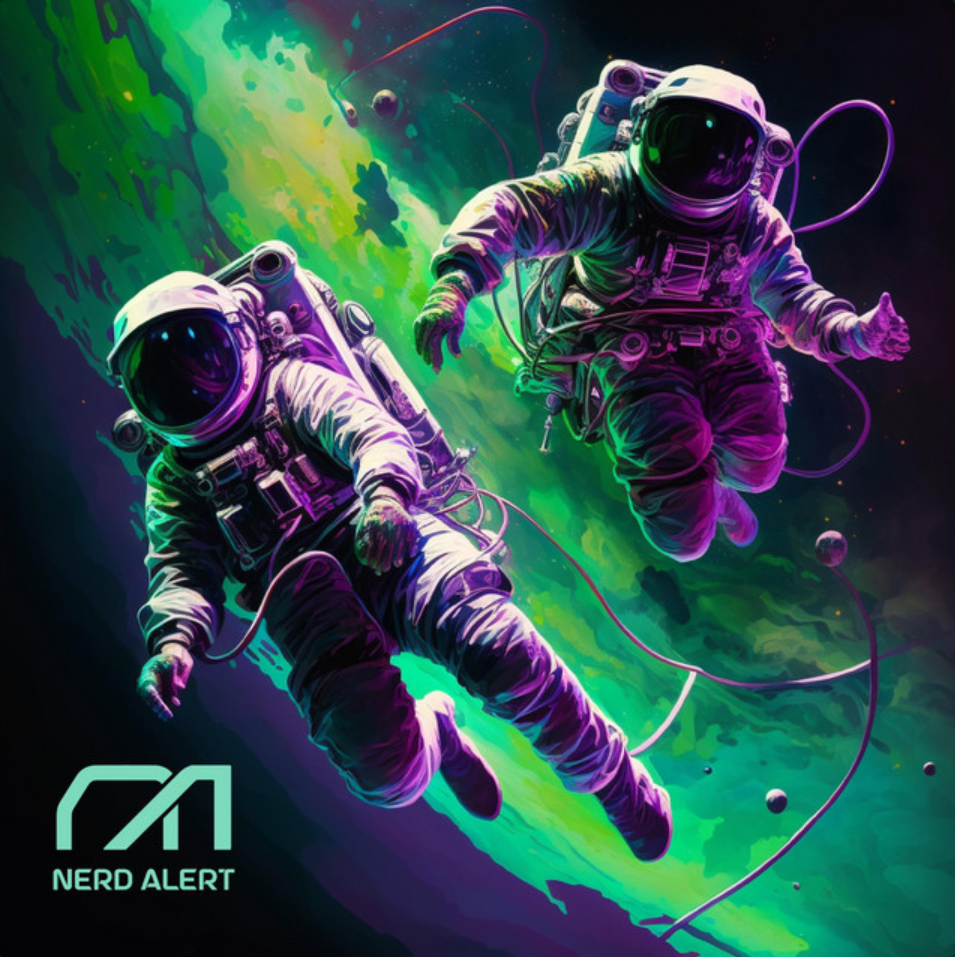 Nerd Alert's single artwork for "Cut The Tether" featuring two purple colored astronauts floating in front of a mystical green galaxy.