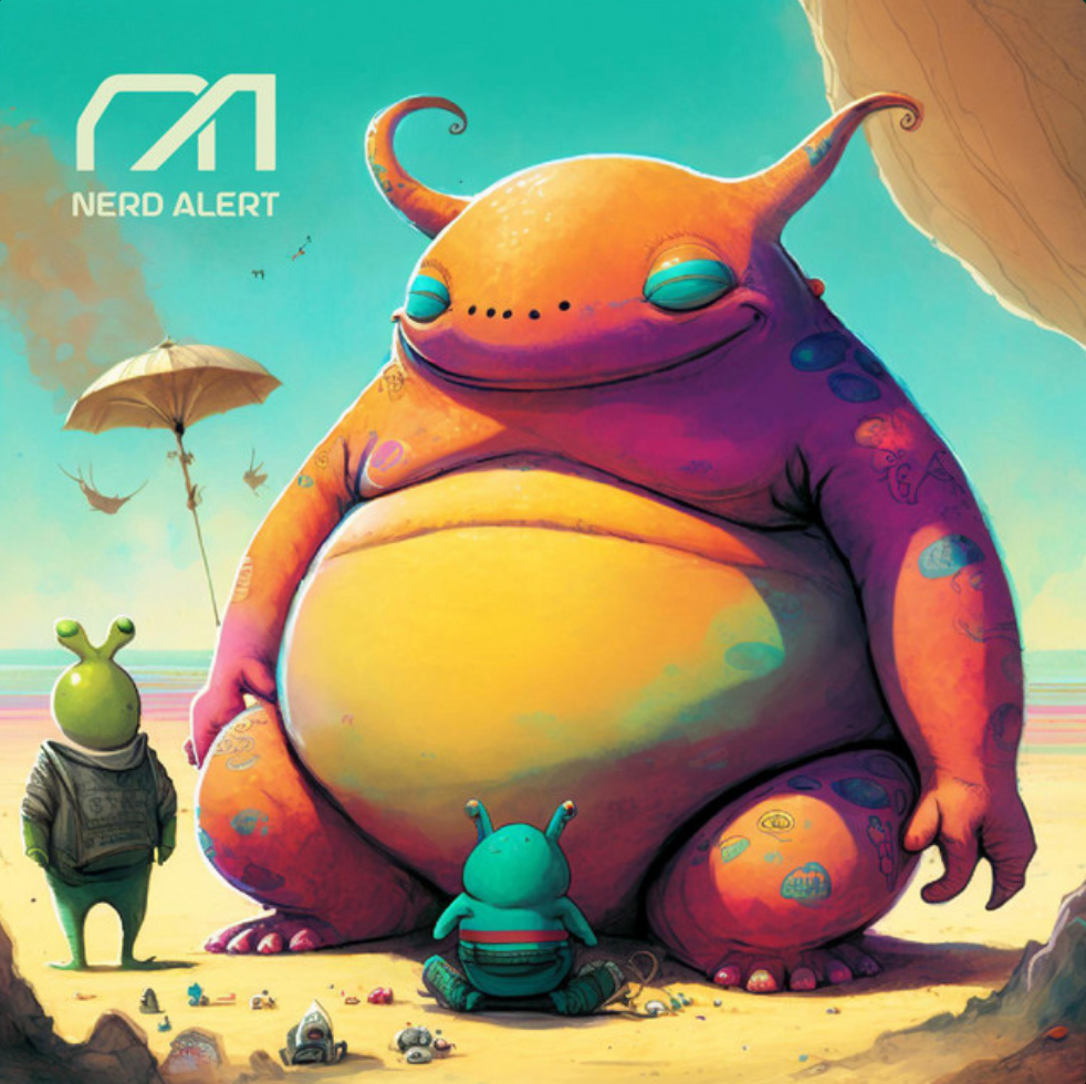 Nerd Alert's single artwork for "N o N" featuring a large orange alien smiling and relaxing on the beach.