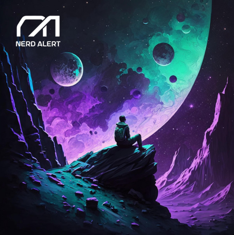 Nerd Alert's single artwork for "Not Enough" depicting a casually alone boyish figure sitting on a rock in a strange landscape. The boy is surrounded by purple mountains and teal moons hovering in the sky above him.