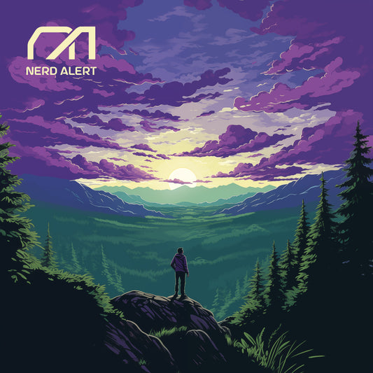 Nerd Alert's single artwork for "Pick Myself" showing the distant silhouette of a young man standing on a beautiful mountain top with purple clouds in the sky.