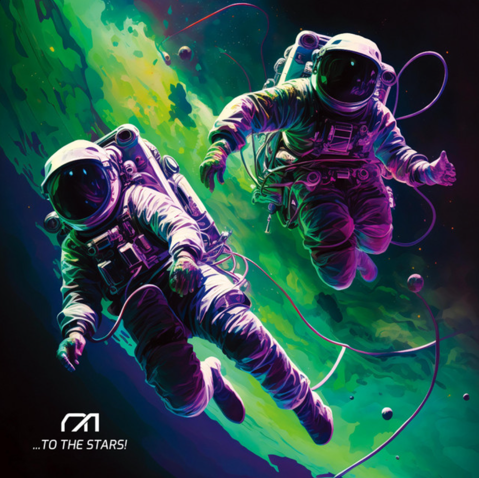 Nerd Alert's album artwork for "...To The Stars" depicting two purple lit spacemen in front of a mystical green galaxy.