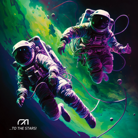 Nerd Alert's album artwork for "...To The Stars" depicting two purple lit spacemen in front of a mystical green galaxy.