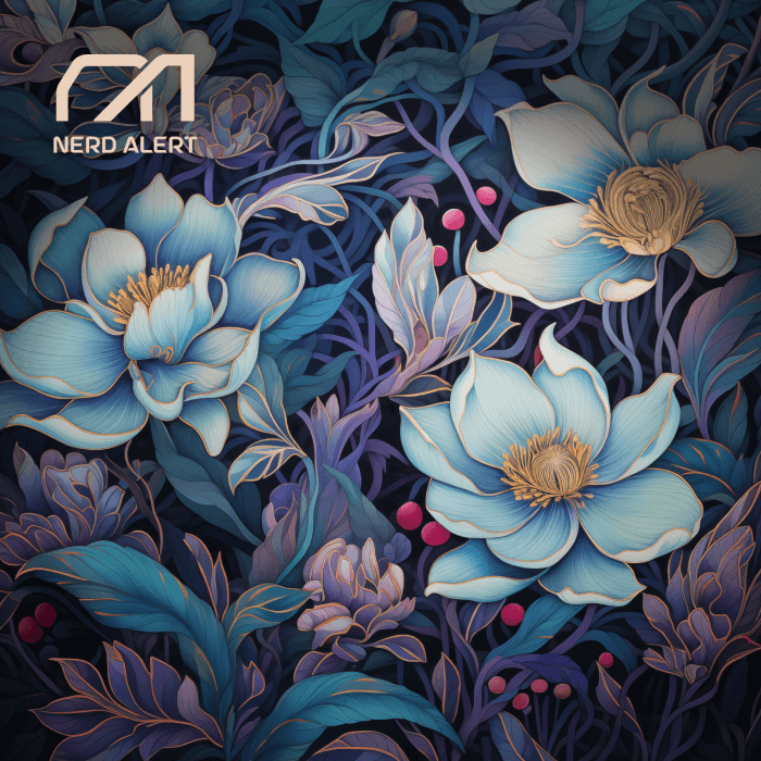Nerd Alert's Single Artwork For Their Song Titled "Hiraeth" showing beautiful blue and purple flowers in an eloquent pattern 
