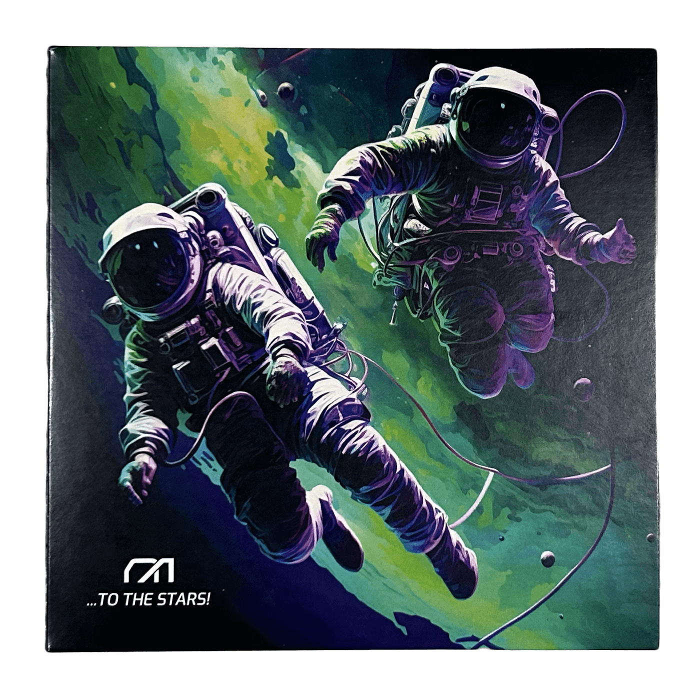 Nerd Alert's CD cover, showing two realistic spacemen floating in front of a green and purple galaxy, with the Nerd Alert logo in the bottom left corner.