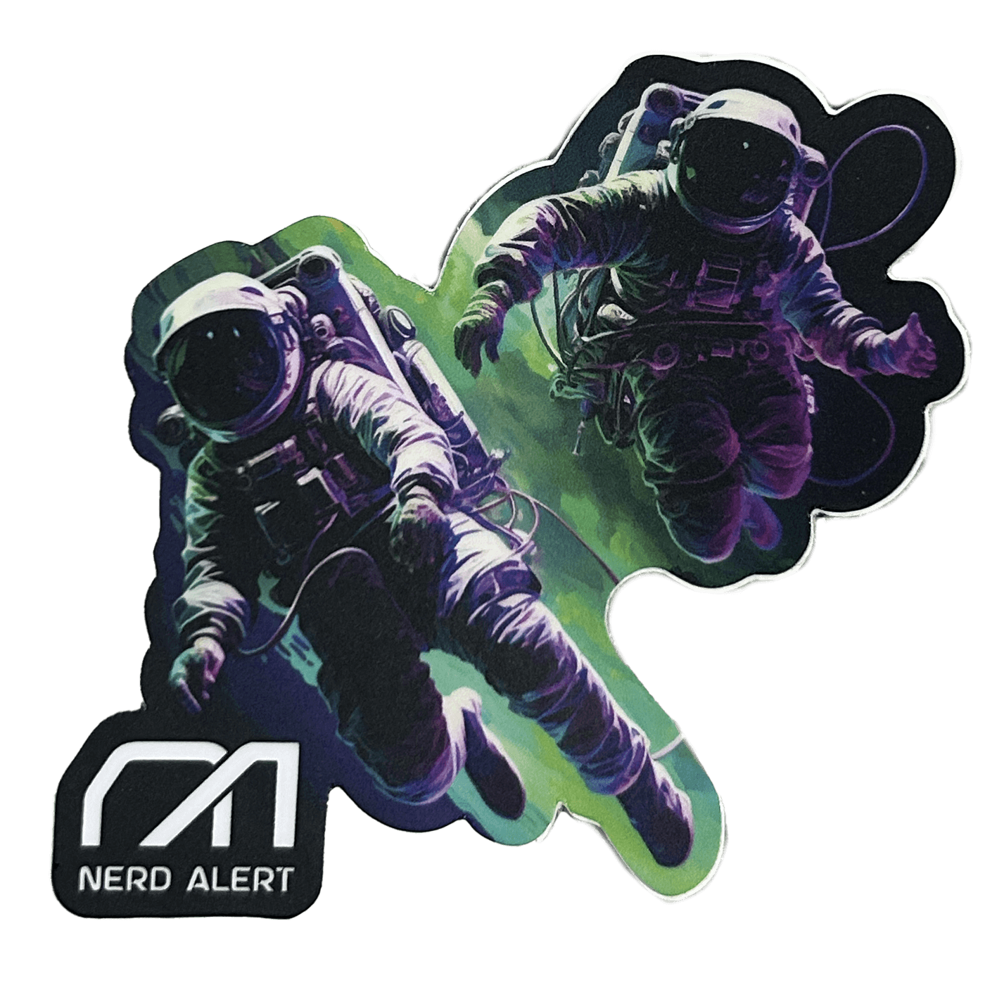 Two spacemen floating in front of a green and purple galaxy with the Nerd Alert logo in the bottom left corner.