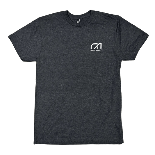 A heather black T-Shirt with the Nerd Alert logo on the front.