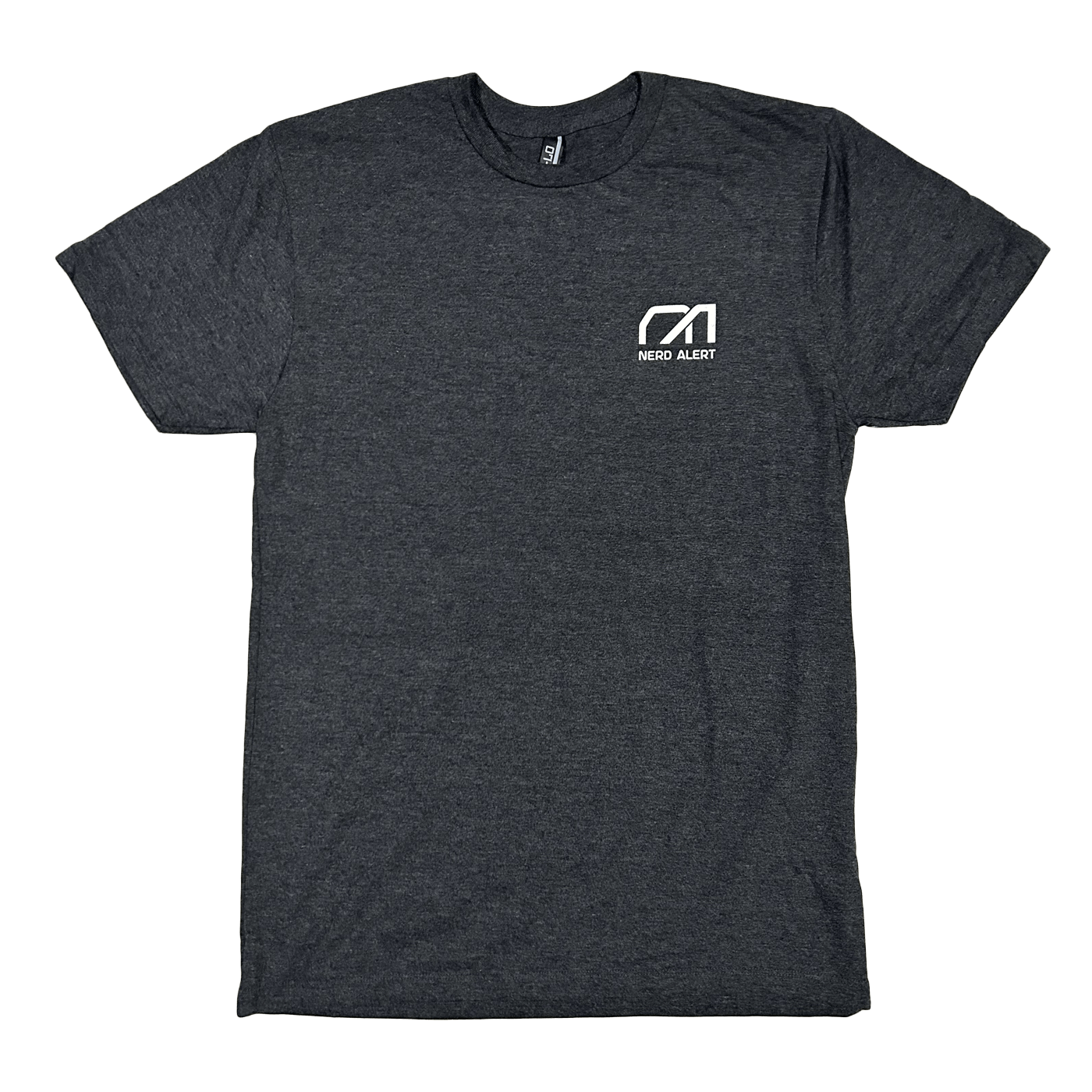 A heather black T-Shirt with the Nerd Alert logo on the front.