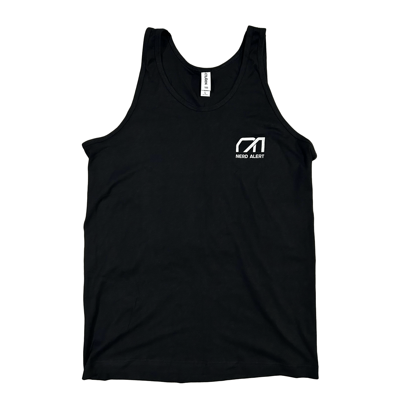 A black tank top with the Nerd Alert logo on the front