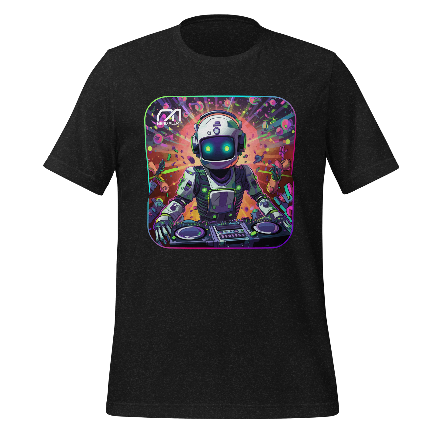 Nerd Alert's Fully Optimized T-Shirt design with a robot as a DJ.