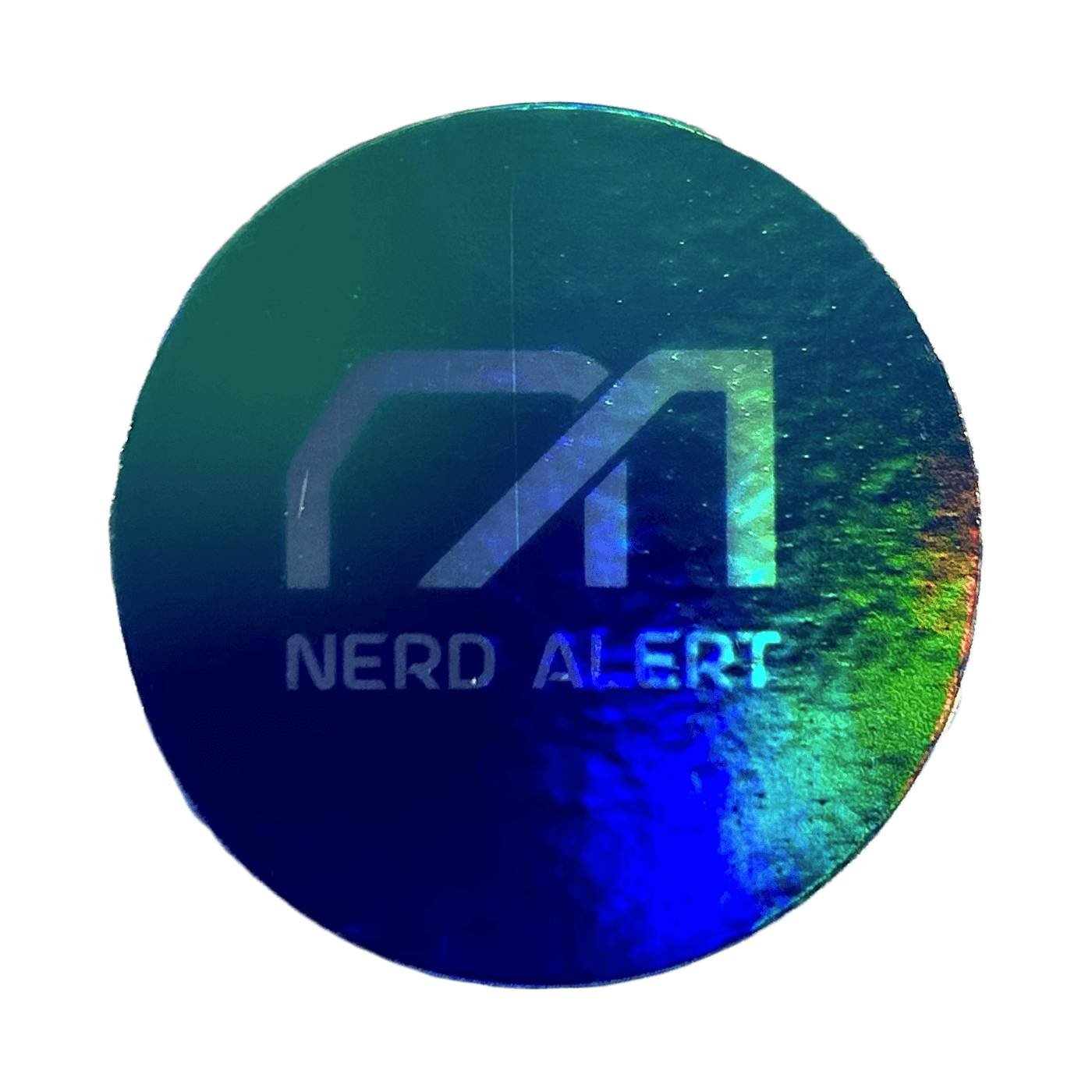 A round rainbow holographic sticker with the Nerd Alert logo as the primary design.