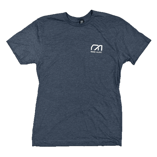 A navy blue T-shirt with the Nerd Alert logo in white on the front, and two cartoon spacemen on the back.