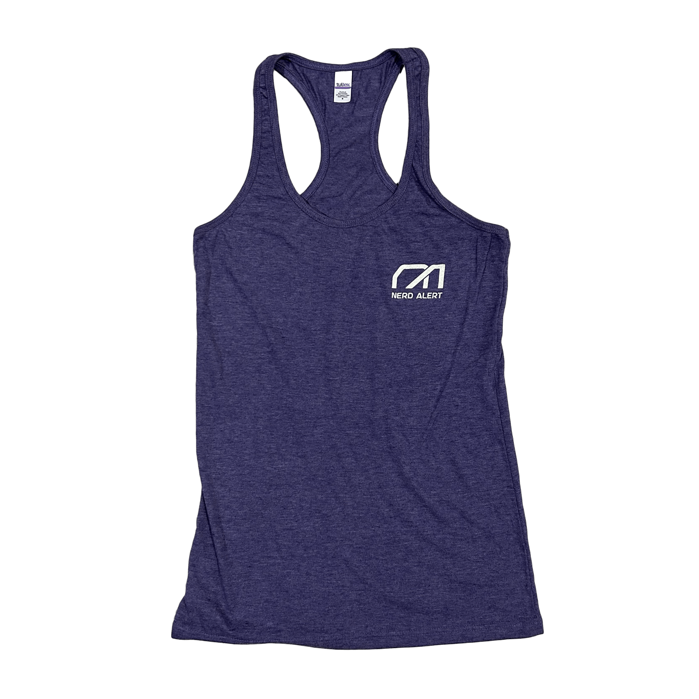 A purple tank top with the Nerd Alert logo on the front