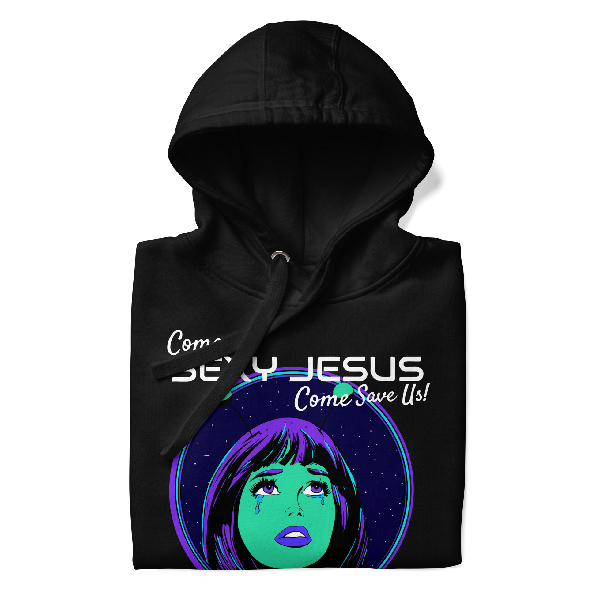 Nerd Alert's "Sexy Jesus" hoodie design folded up, with a purple and green alien girl crying as the main focus.