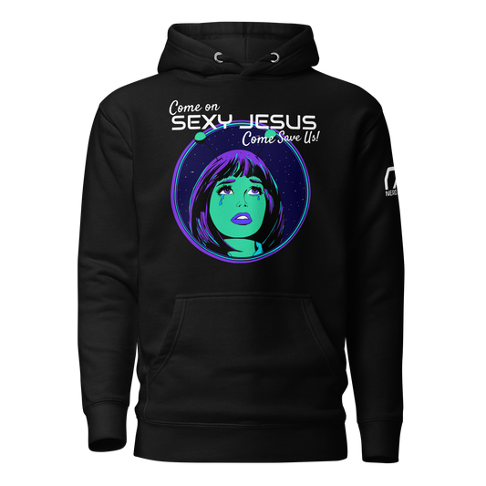 Nerd Alert's "Sexy Jesus" hoodie design, with a purple and green alien woman tearing up as the main focus.