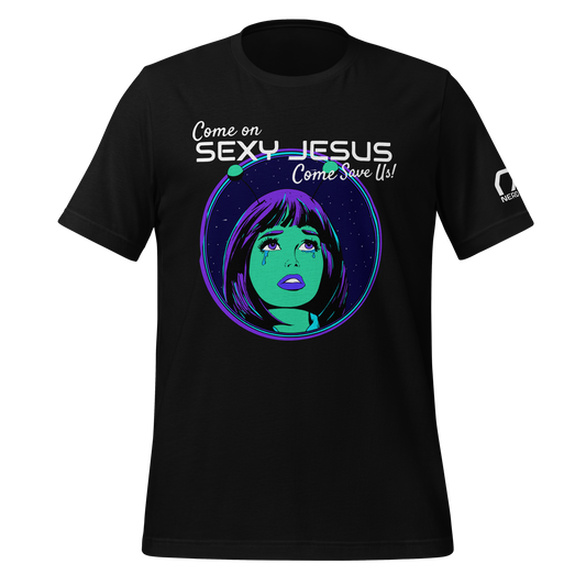 Nerd Alert's "Come on Sexy Jesus" T-shirt design with a purple and green alien woman crying as the focus.