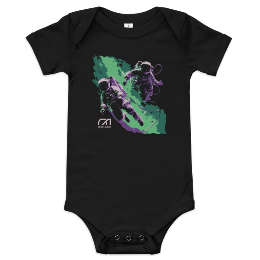 Nerd Alert's Spacemen baby onesie design with two astronauts floating in front of a green and purple galaxy and the Nerd Alert logo.