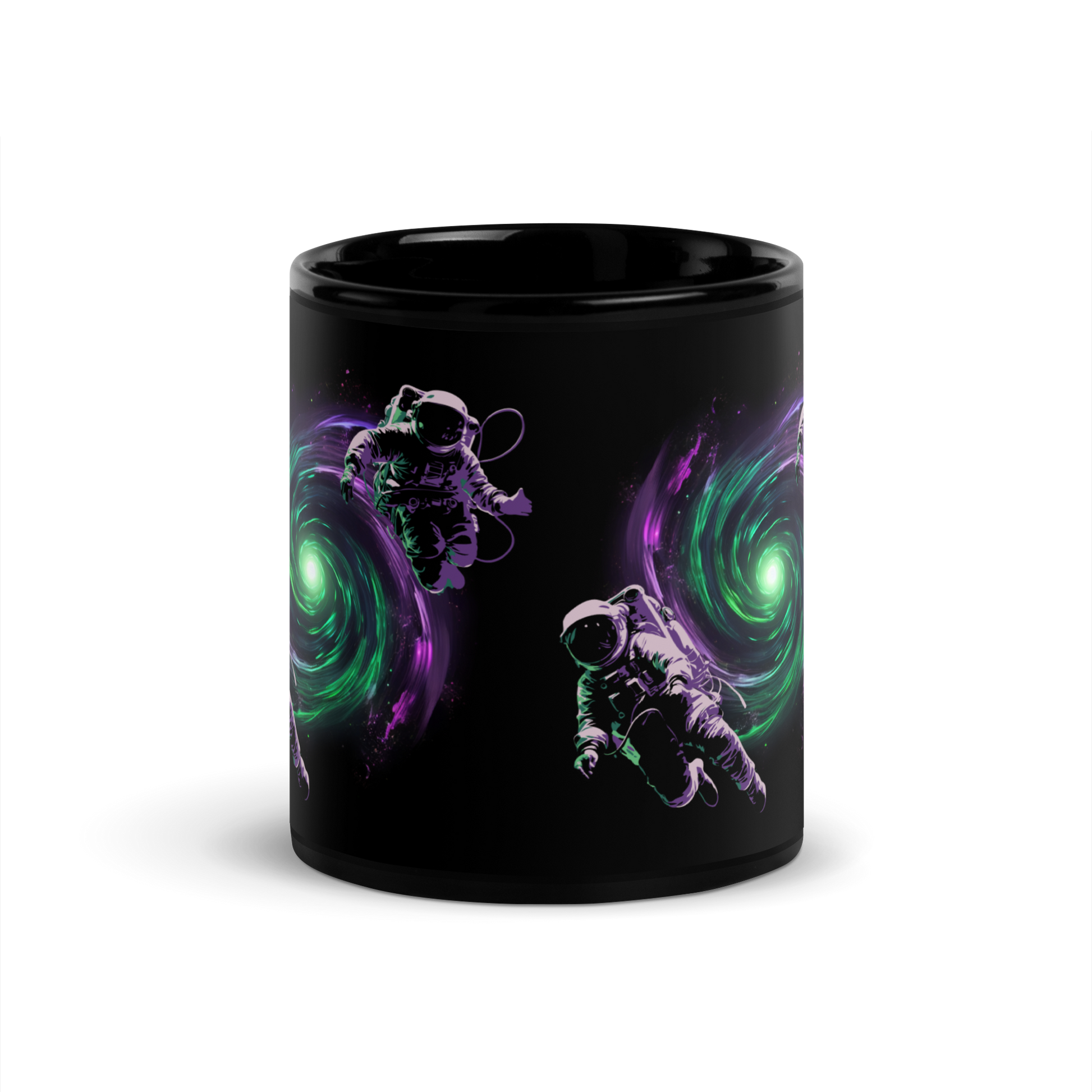 A front view of the Nerd Alert coffee mug design with two spacemen floating in front of a purple and green galaxy.