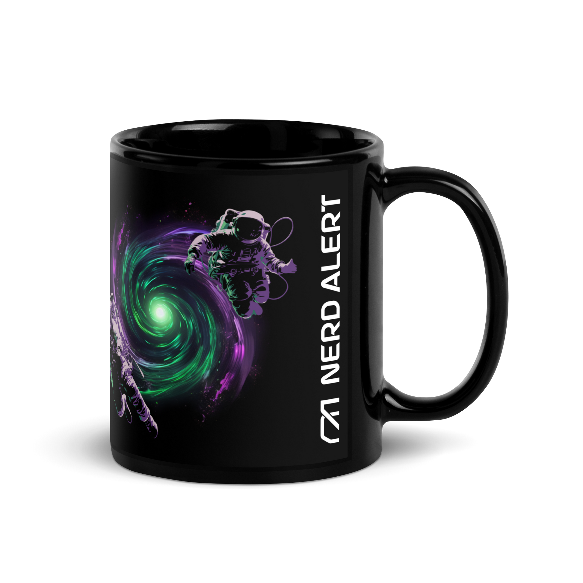 A left side view of the Nerd Alert coffee mug design with two spacemen floating in front of a purple and green galaxy.