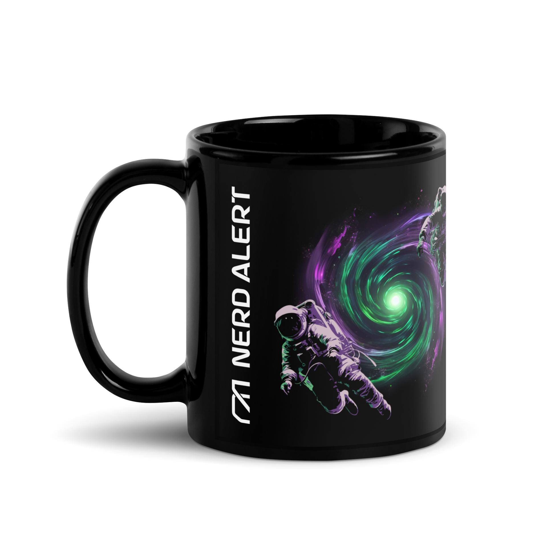 A right side view of the Nerd Alert coffee mug design with two spacemen floating in front of a purple and green galaxy.
