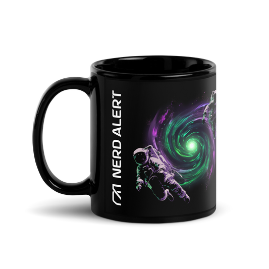 A right side view of the Nerd Alert coffee mug design with two spacemen floating in front of a purple and green galaxy.
