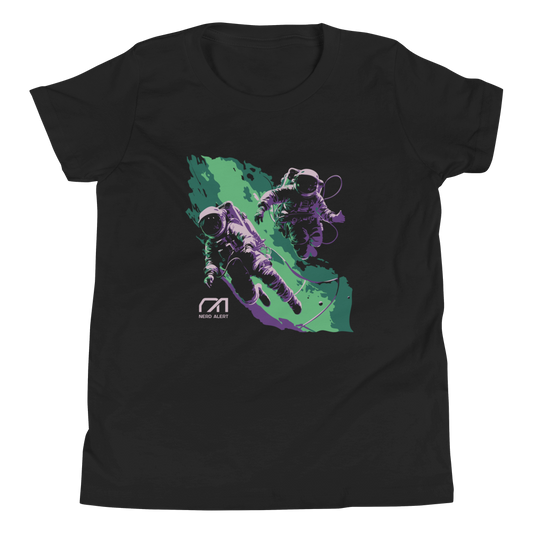 Nerd Alert's Spacemen youth T-shirt design with two astronauts floating in front of a green and purple galaxy and the Nerd Alert logo.