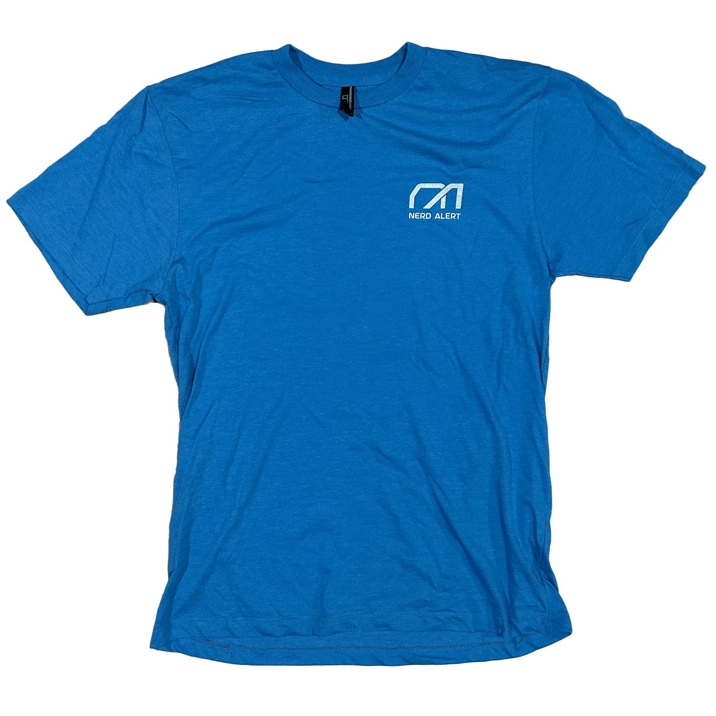 A turquoise T-Shirt with the Nerd Alert logo on the front
