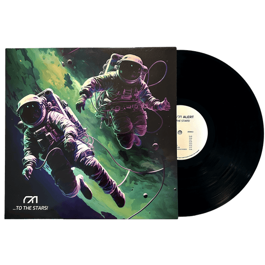 Nerd Alert's vinyl and vinyl cover, showing two realistic spacemen floating in front of a green and purple galaxy, with the Nerd Alert logo in the bottom left corner.