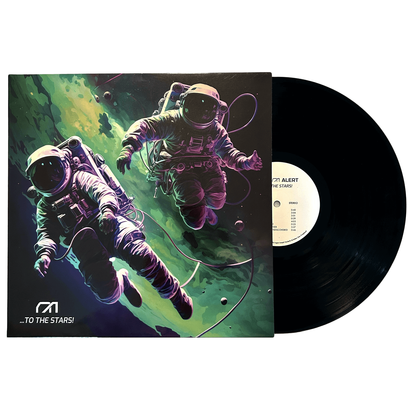 Nerd Alert's vinyl and vinyl cover, showing two realistic spacemen floating in front of a green and purple galaxy, with the Nerd Alert logo in the bottom left corner.