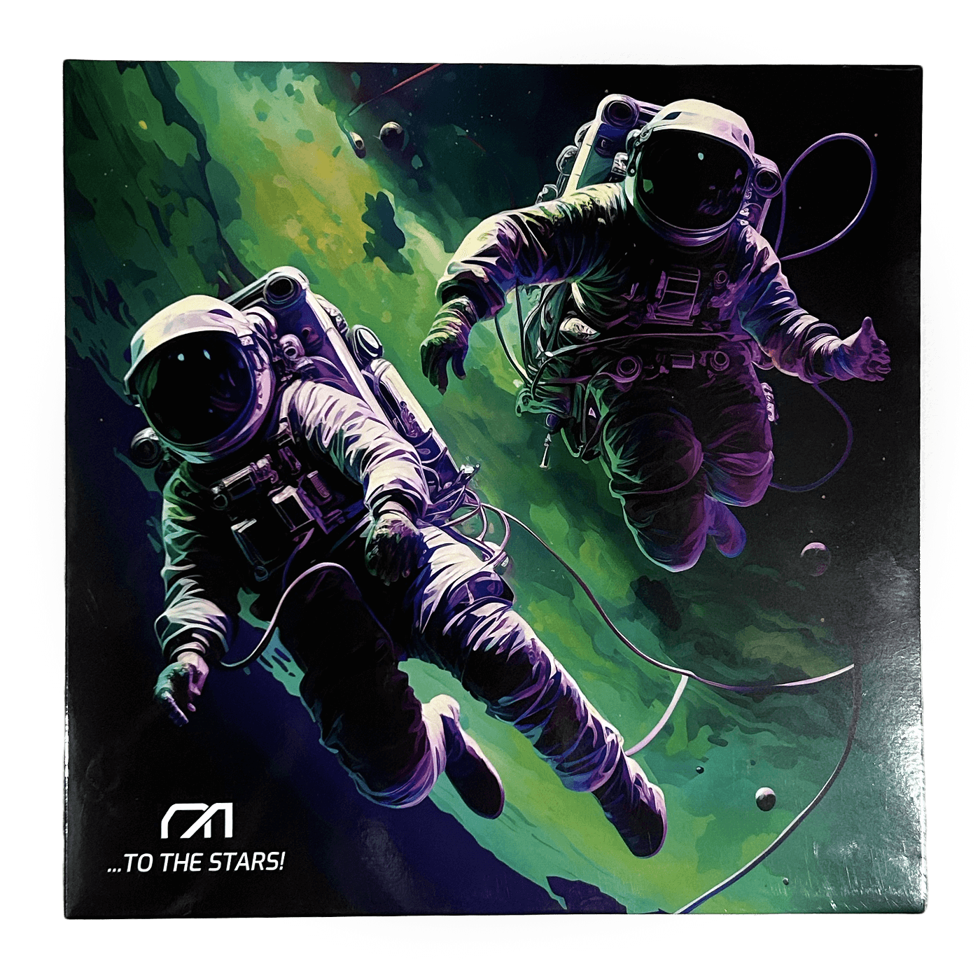 Nerd Alert's vinyl cover, showing two realistic spacemen floating in front of a green and purple galaxy, with the Nerd Alert logo in the bottom left corner.