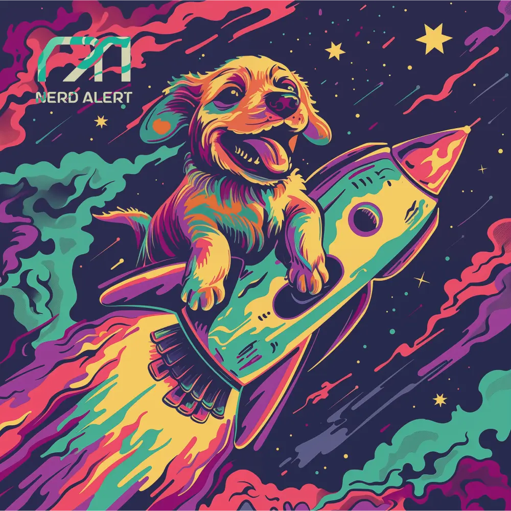 Nerd Alert's single artwork for their song "YWGDTNCAGS?!?!" showing a vibrant colored golden retriever puppy riding a rocket into space